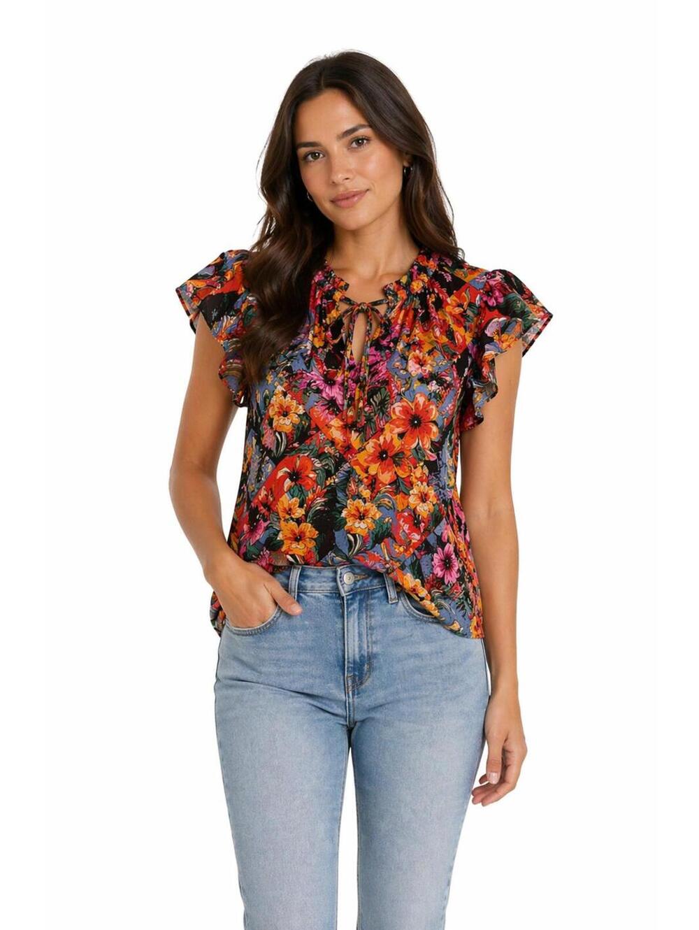 Chelsea & Theodore Floral Blouse Size S/P - Boho Ruffle Neck Flutter Sleeve Top